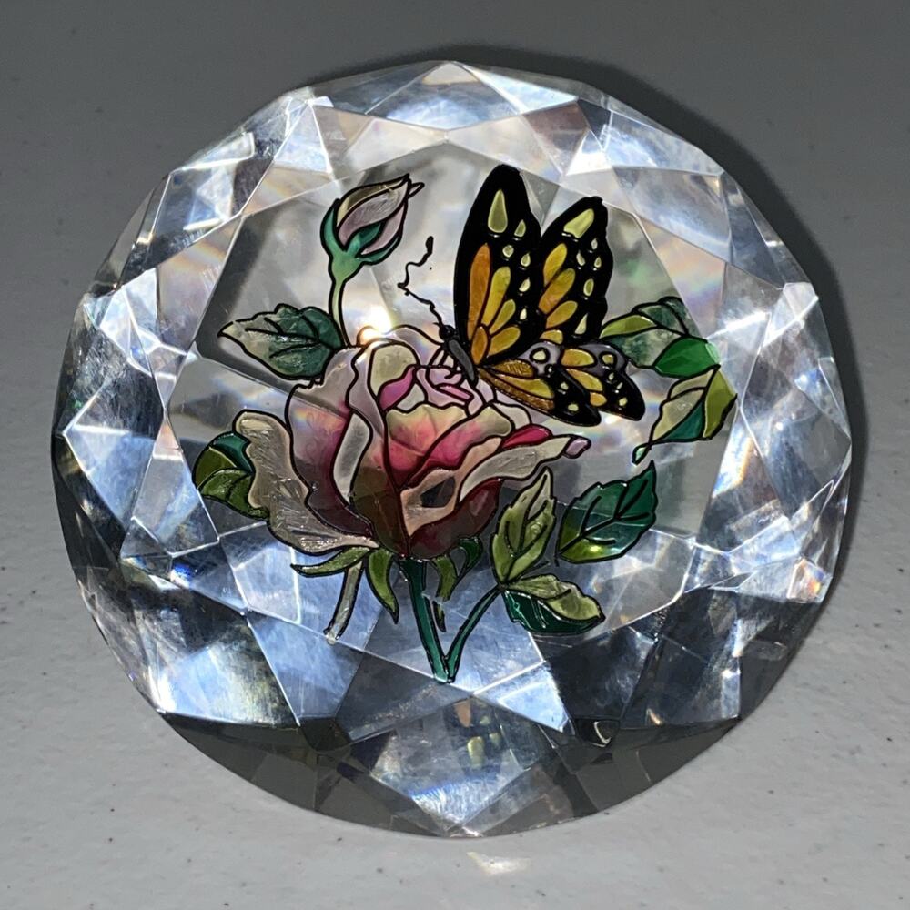 Art Glass Diamond Paperweight Hand Painted Amia Studios Rose Flower Butterfly - Picture 3 of 6
